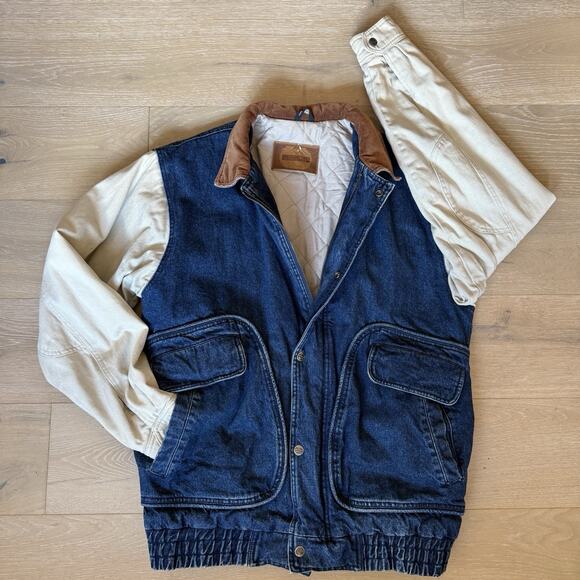 Vtg 90s Streetwear Mens XL Distressed Quilted Heavyweight Denim Varsity Jacket - Picture 5 of 10